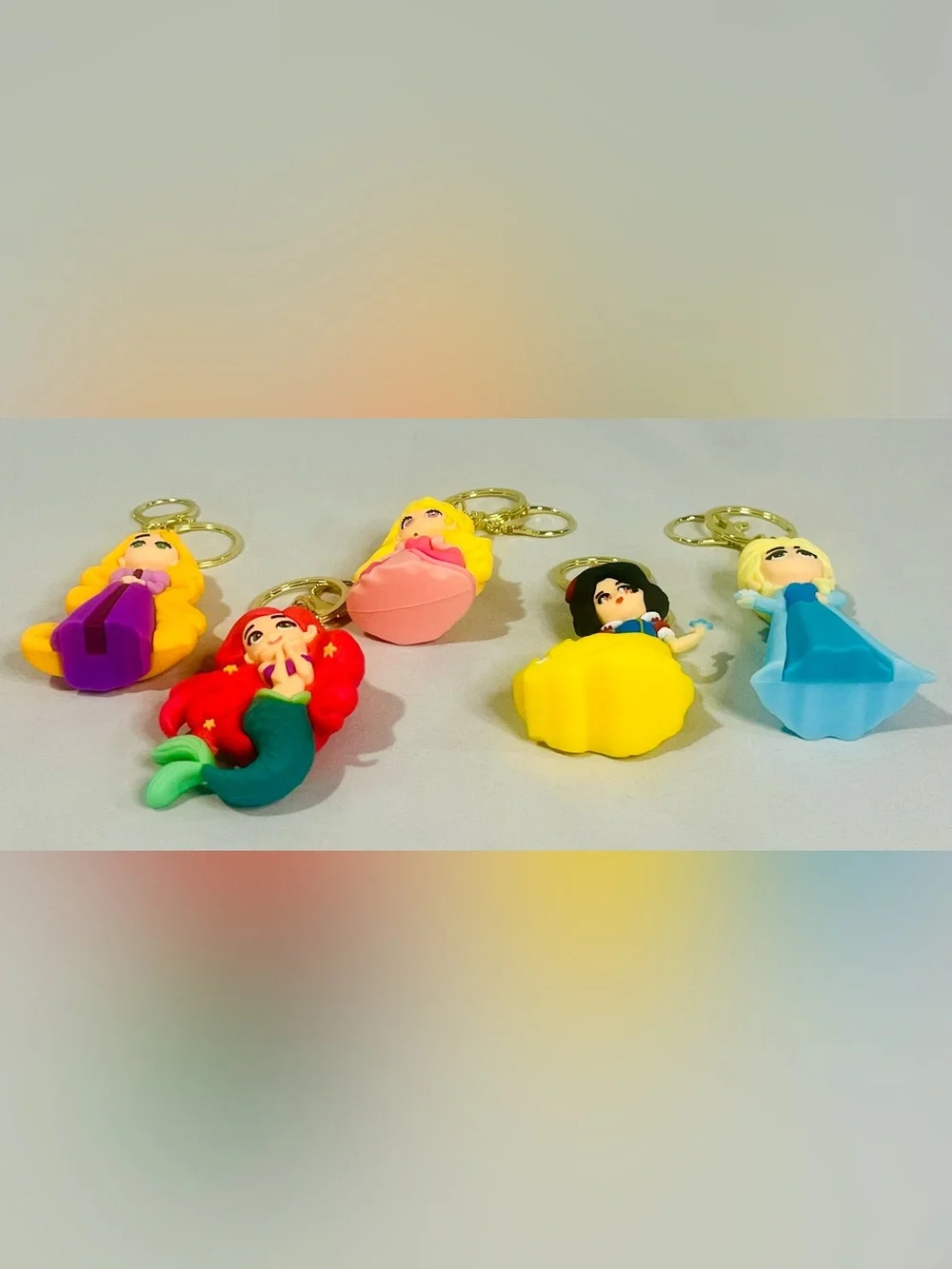 Princess Character Silicone Keychain Set - Pink, Yellow, Red, Blue